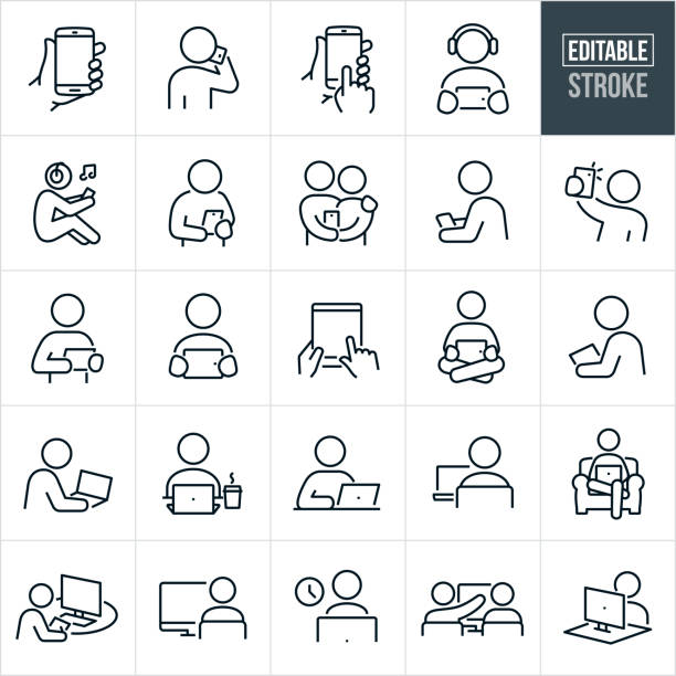 Computers And Devices Thin Line Icons - Editable Stroke A set of icons showing people using computer and other devices. They include editable strokes or outlines using the EPS vector file. The icons include a hand holding a smartphone with blank screen, person talking on smartphone, hands using smartphone by scrolling on blank screen, person watching a video on smartphone and wearing headphones, person listening to music on smartphone, person looking at smartphone, couple watching smartphone screen together, person taking a selfie using a mobile phone, person looking at tablet PC, hands pointing to blank tablet PC screen, person sitting crosslegged while using tablet PC, person working on laptop computer, person sitting in arm chair while using laptop PC, person working on desktop computer, person helping another person on a desktop computer and other related icons. clip art people stock illustrations