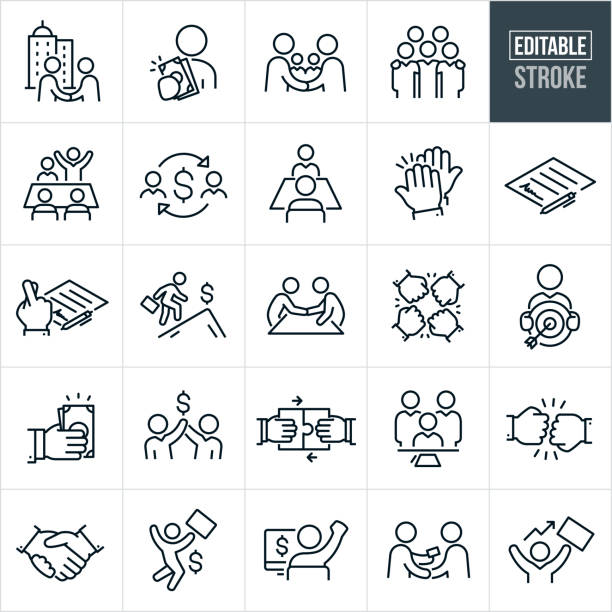 Business Deals Thin Line Icons - Editable Stroke A set of business deals icons that include editable strokes or outlines using the EPS vector file. The icons include two businessmen shaking hands over a business acquisition with high rise buildings in the background, business person paying cash, two business people shaking hands over a business deal, business people with arms around shoulders forming a partnership, white collar worker securing a deal in a boardroom with fellow colleagues, one on one meeting in a boardroom to discuss business deal, high five, signed business contract, fingers crossed that a deal will be made, businessman climbing mountain to get the deal, two business colleagues shaking hands across boardroom table, business people doing a fist bump, business person holding a target with arrow in bulls-eye, business persons hand holding out cash, two puzzle pieces being put together for form a business partnership, group of business people at signing table to make a deal, two hands shaking, businessman jumping for joy over securing a deal, business person with fist raised in the air while securing a deal from his computer, business person shaking hands with colleague while passing him his business card and other business deals related icons. connection clipart stock illustrations