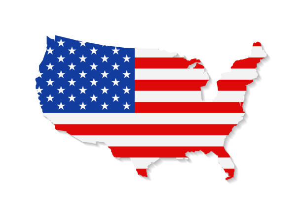 지도에 미국 국기. 미국의 미국. 국기의 색깔에 있는 국가의 아이콘. 줄무늬와 별이있는 그래픽 영역. 그림자가있는 7 월 4 일 북미 배경. 벡터 - flag american flag usa american culture stock illustrations