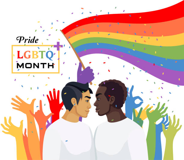 ilustraciones, imágenes clip art, dibujos animados e iconos de stock de desfile del orgullo. colorido banner del mes del orgullo lgbt. - rainbow gay pride homosexual homosexual couple