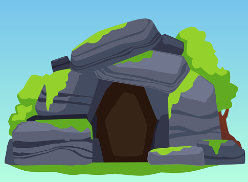 Old abandoned stone cave entrance, cartoon flat vector illustration. Cave tunnel with moss on rocks and trees. Concepts of adventure and exploration.