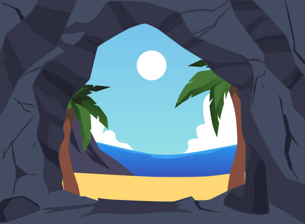 ilustrações, clipart, desenhos animados e ícones de entrada para caverna de pedra na praia tropical e mar, ilustração de vetor plano. - illustration and painting stone beach cliff
