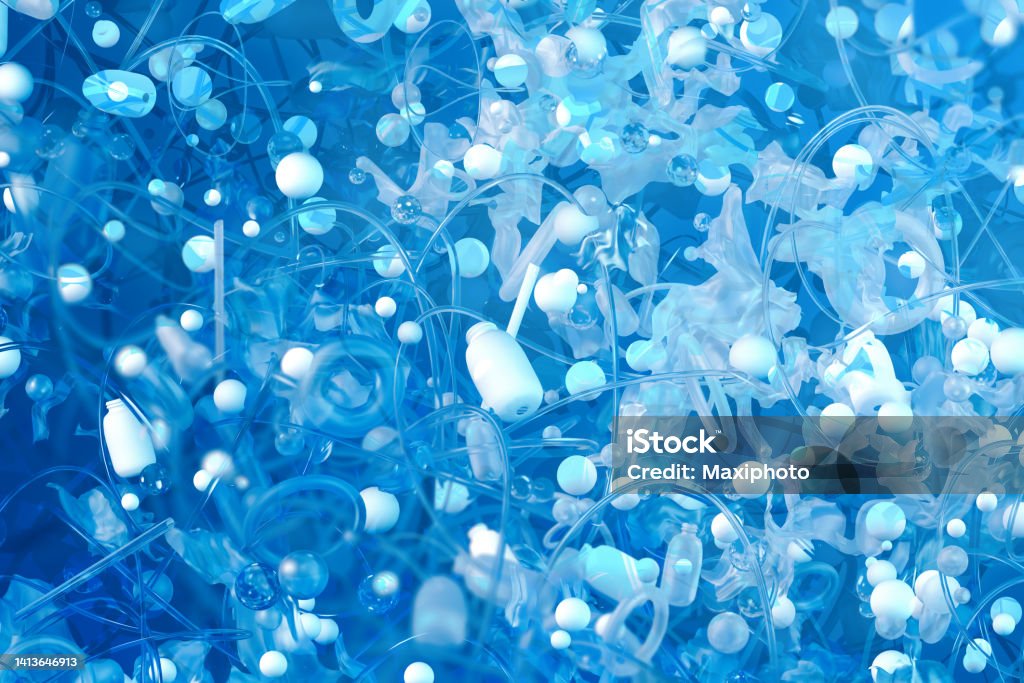 Sea plastic pollution abstract Conceptual image of a polluted environment with floating garbage: plenty of plastic bottles, bags, microspheres and generic waste floating in blue water. Abstract plastic pollution background. Digitally generated image. Microplastic Stock Photo