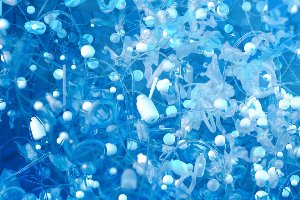 Sea plastic pollution abstract Conceptual image of a polluted environment with floating garbage: plenty of plastic bottles, bags, microspheres and generic waste floating in blue water. Abstract plastic pollution background. Digitally generated image. microplastic stock pictures, royalty-free photos & images