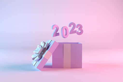 3d rendering of white gift box and 2023 text. New year Christmas concept.