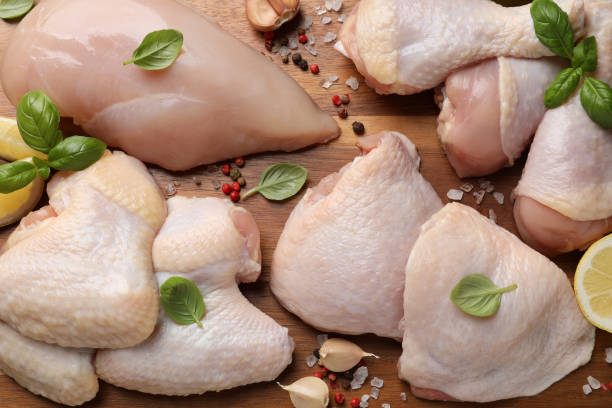 istock Flat lay composition with fresh raw chicken meat on wooden table 1413647991