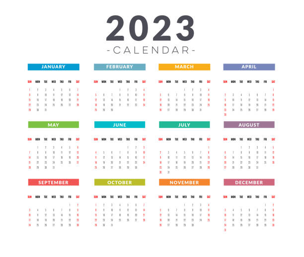 ilustraciones, imágenes clip art, dibujos animados e iconos de stock de calendario 2023, modelo básico. - monthly