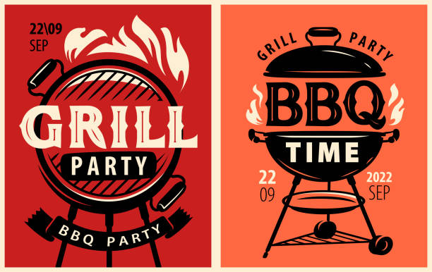 bbq cookout flyer oder poster template design set. grillzeit. grillparty. lebensmittelkonzept, retro-vektor-illustration - barbecue grill illustrations stock-grafiken, -clipart, -cartoons und -symbole