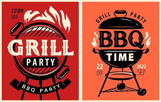 BBQ cookout flyer or poster template design set. BBQ time. Grill party. Food concept, retro vector illustration
