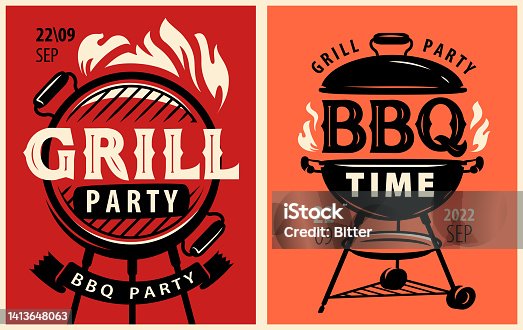 istock BBQ cookout flyer or poster template design set. BBQ time. Grill party. Food concept, retro vector illustration 1413648063