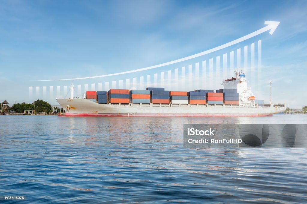 Cargo ship and cargo container, concept for business. Cargo ship, cargo container at dock, port or harbour. Freight transport with up arrow, increase graph or bar chart. Concept for import export business, growth market, trade, profit and demand supply. Forecasting Stock Photo