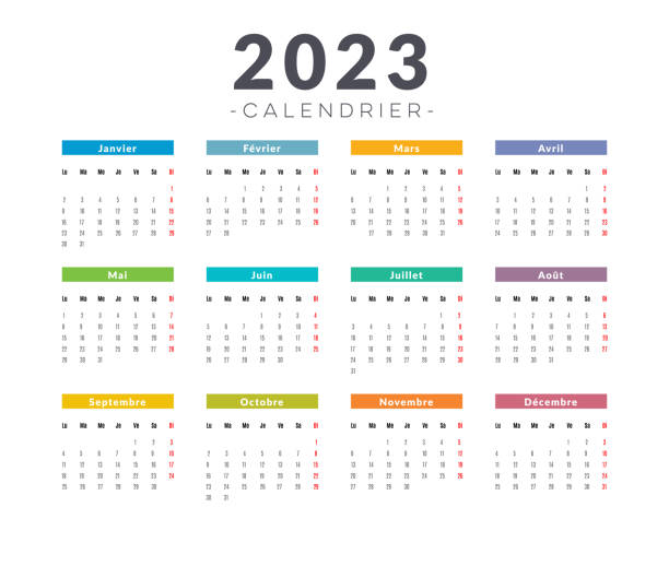 Calendar 2023, basic model. Calendar 2023, basic model.
Vector illustration in HD very easy to make edits. french language stock illustrations