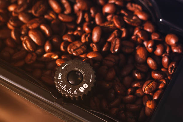 Coffee machine, coffee bean container, top view, close-up, no people, rustic style, selective focus,