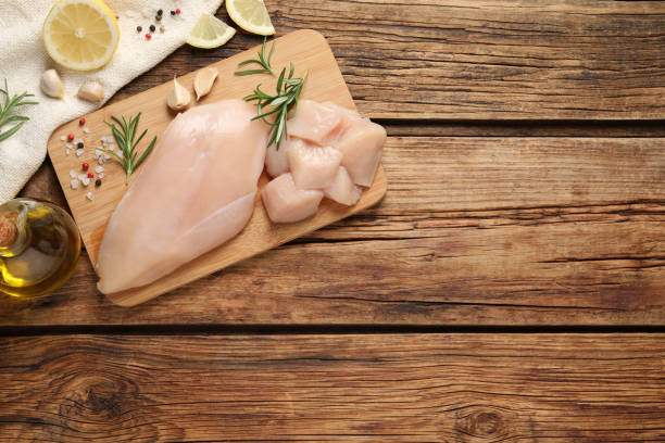 istock Flat lay composition with fresh raw chicken breast on wooden table. Space for text 1413648245