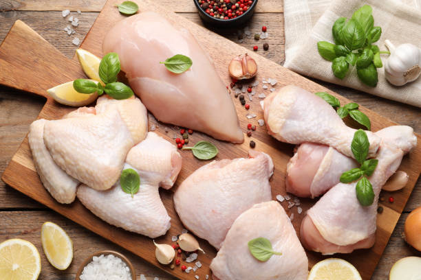 istock Flat lay composition with fresh raw chicken meat on wooden table 1413648287