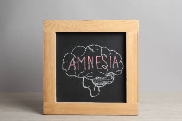 istock Small blackboard with drawn brain and word Amnesia on white wooden table 1413648611