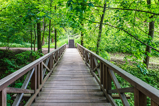 Wooden bridge leading to the Vytautas Hill, Birstonas, Lithuania.