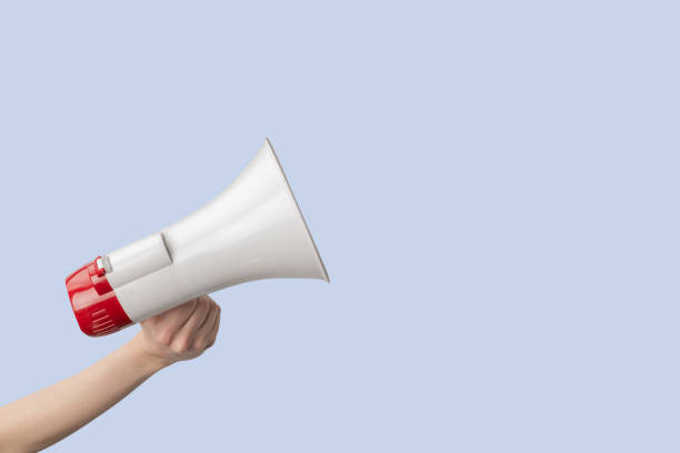 istock Megaphone in woman hands on a blue background. 1413650019