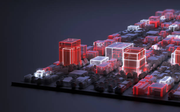 istock Virtual smart city with buildings illuminated by electricity lines 1413650157