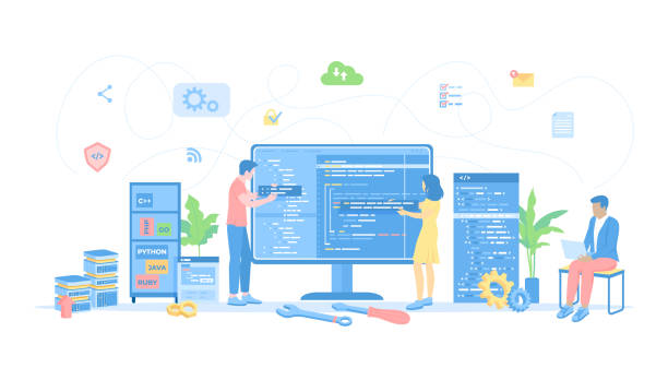 ilustraciones, imágenes clip art, dibujos animados e iconos de stock de desarrollo back-end, codificación, pruebas, ingeniería de software, lenguajes de programación. el equipo de programadores escribe el código del programa en una gran pantalla de monitor. ilustración vectorial estilo plano. - computer programmer meeting laptop internet