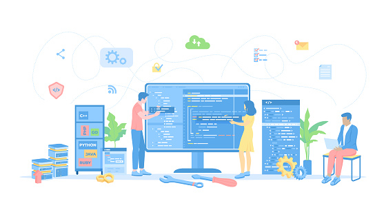 Back End Development, Coding, Testing, Software Engineering, Programming languages. Team of programmers write program code on a big monitor screen. Vector illustration flat style.