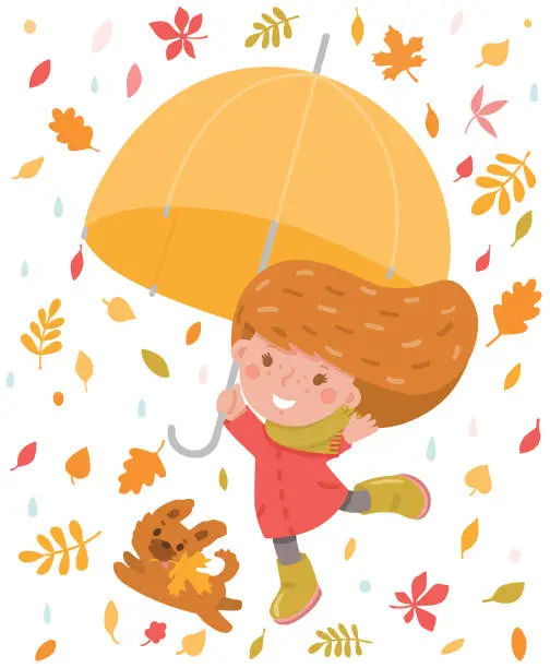 Vector illustration of little girl and her dog running happily in autumn leaves