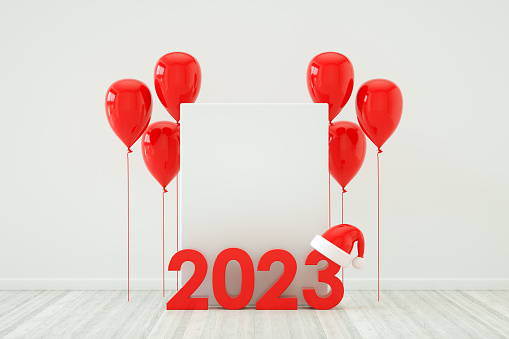 3D Rendering, 2023 New Year, Empty Frame, Balloons, Christmas Background.