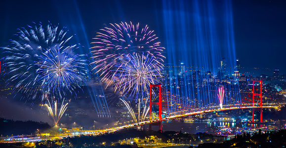 15th July Martyrs Bridge (15 Temmuz Sehitler Koprusu). Istanbul Bosphorus Bridge at night. Istanbul, Turkey.