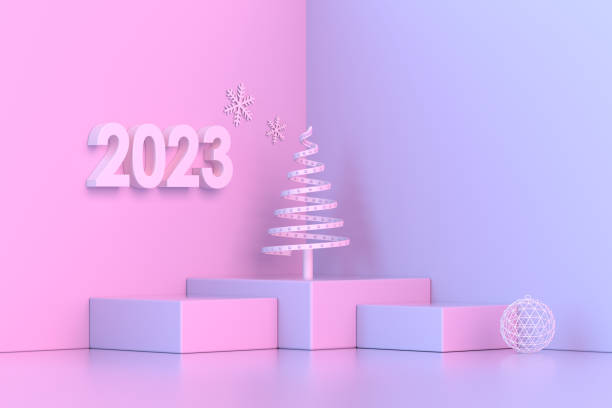 istock 2023 New Year, Christmas Ornaments with Podium, Platform, Neon Lighting 1413651815