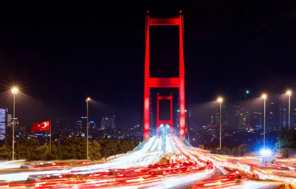 15th July Martyrs Bridge (15 Temmuz Sehitler Koprusu). Istanbul Bosphorus Bridge at night. Istanbul, Turkey.