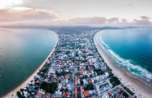Aerial view of Canto Grande and Mariscal beaches in Bombinhas, Brazil