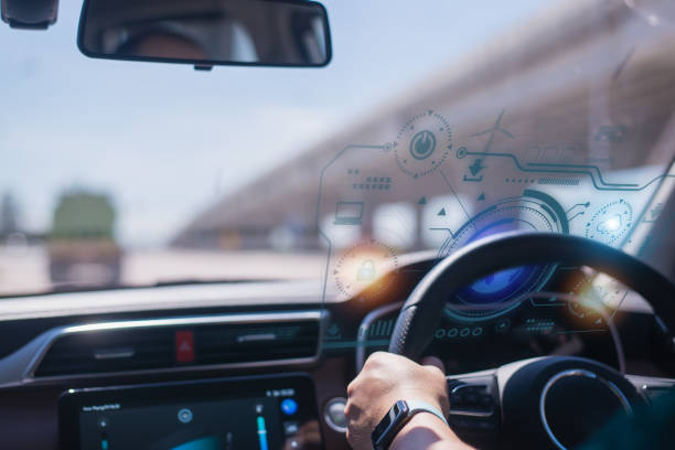 istock Smart car (HUD) concept. Empty cockpit in vehicle and Self-Driving mode car graphic screen with flare light 1413653241