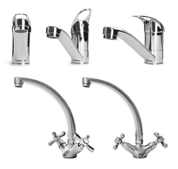 Set with new water faucets on white background