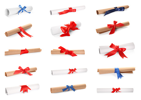 Rolled student's diplomas with blue and red ribbons on white background, collage