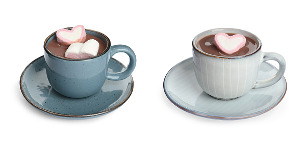 Cups of delicious hot chocolate on white background, collage. Banner design