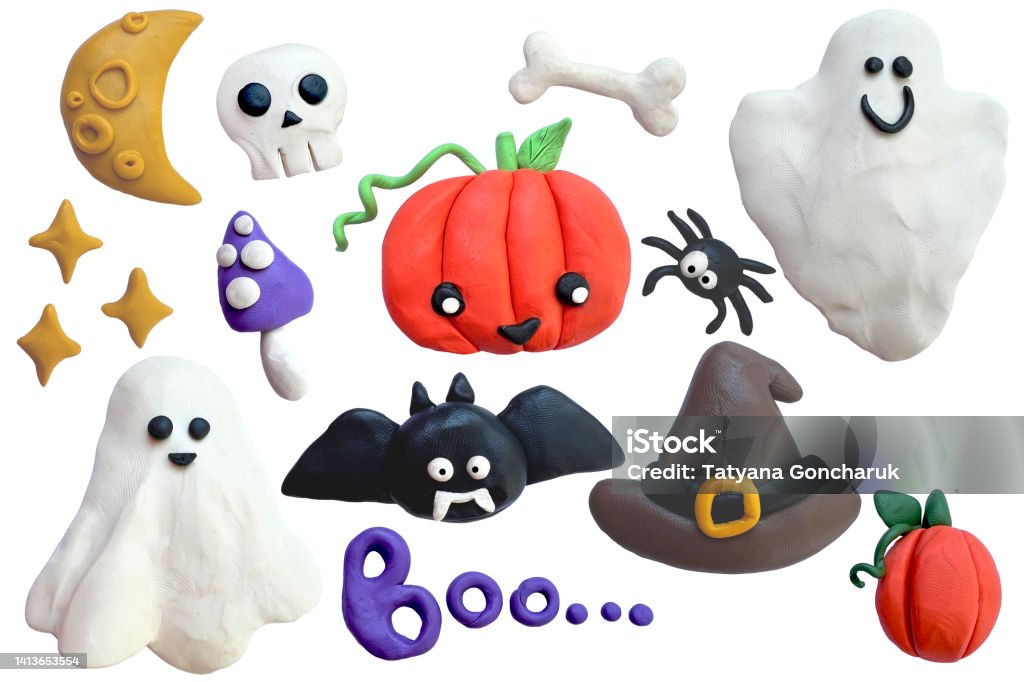 set of cliparts on the theme of halloween. cute 3d plasticine sculptures. funny characters ghost, pumpkin, skull. for kids Three Dimensional Stock Photo