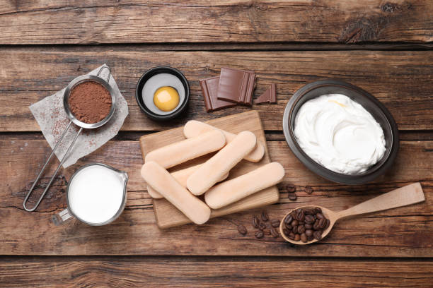 istock Flat lay composition with ingredients for tiramisu on wooden table 1413653704
