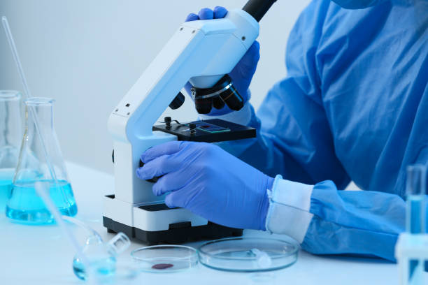 istock Scientist working with microscope in laboratory, closeup. Medical research 1413653745
