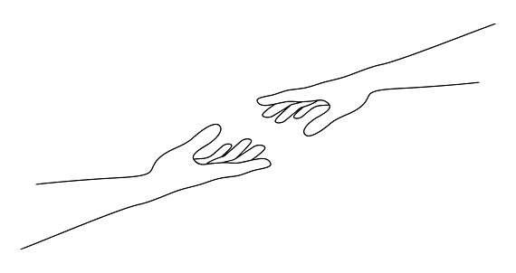 Female and male hands reaching for each other. A woman giving a hand to a man. Vector illustration in minimalist line art style