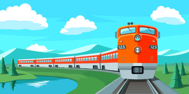 Passenger train rides along the scenic route Passenger train rides along the scenic route. Vector illustration train vehicle front view stock illustrations