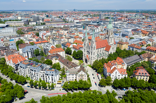 Cityscape of central Munich with traditional residential buildings viewed from above, Bavaria, Germany.