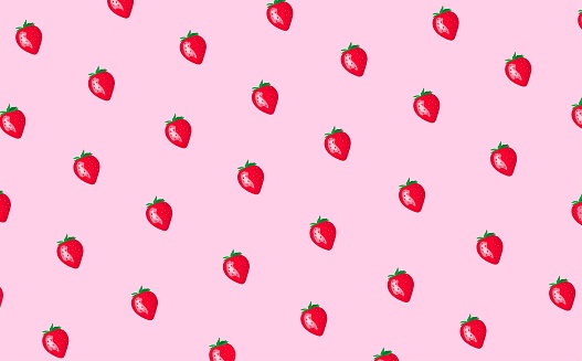 Strawberries on a pink background. Seamless pattern with red, ripe, delicious berries. Vector illustration in cartoon stele. Template for design and printing on fabric, paper.