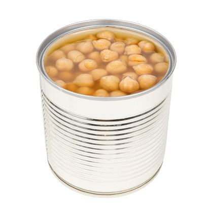 Canned chickpeas on a white background, preserved vegetables.