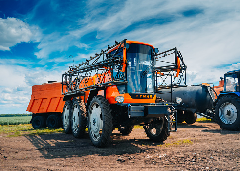 Kazan, Russia. 2022, June 12. Self-propelled sprayer for agricultural work. Designed for chemical protection of various plants and application of liquid mineral fertilizers.