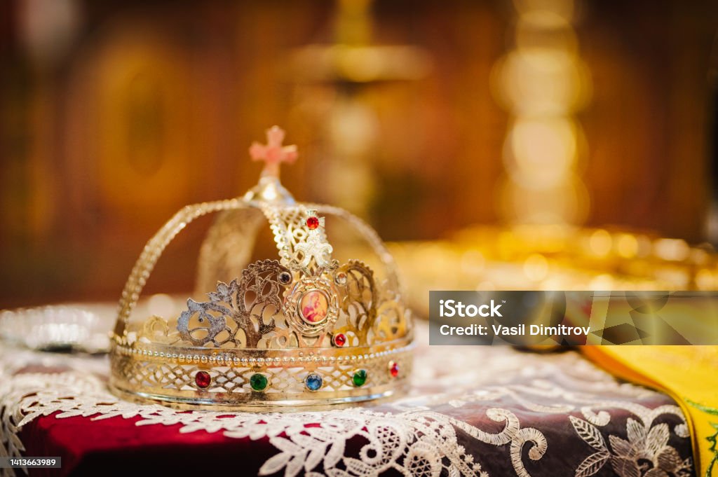 Crowns in a church Crowns in a church. Wedding ceremony Altar Stock Photo