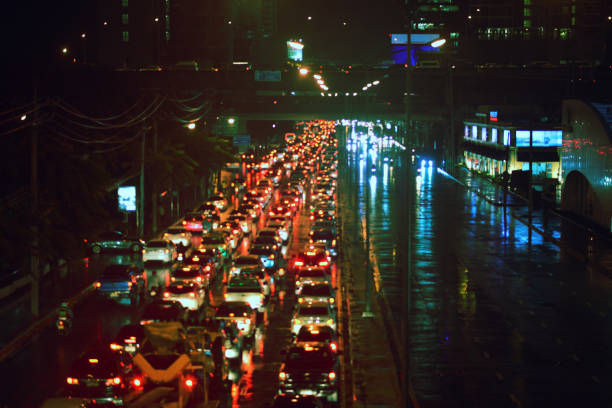 Raining, traffic jams at night