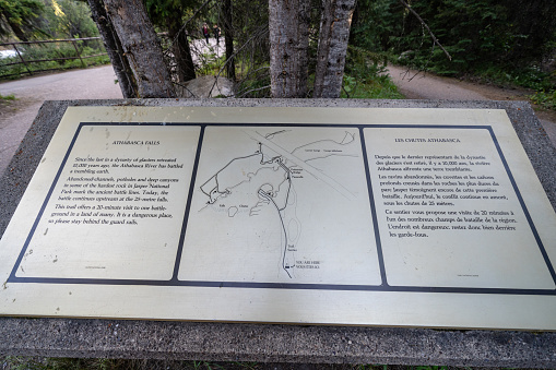 Jasper, Alberta, Canada - July 13, 2022: Information board for Athabasca Falls waterfall along the Icefields Parkway