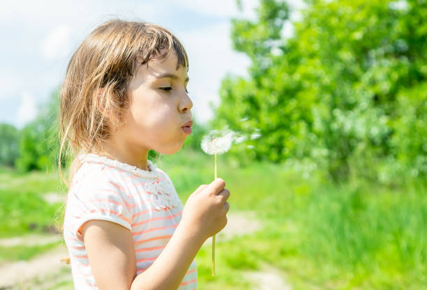 istock Cute Girl Blowing Dandelion Seed 1413668312