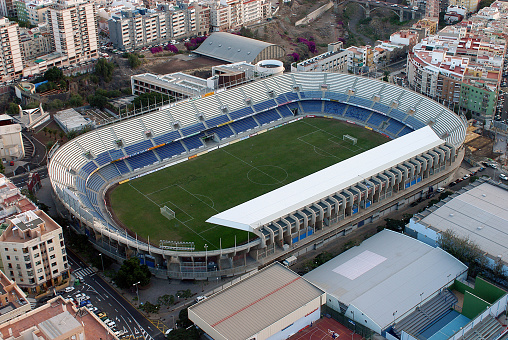 Tenerife, Canary islands, Spain - January 16, 2004: Aerial photo of the Heliodoro Rodríguez López Stadium in the urban center of the city of Santa Cruz de Tenerife