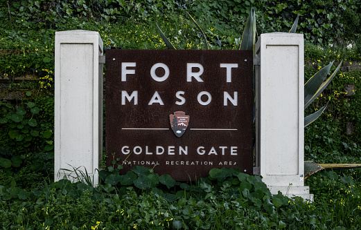 San Francisco, United States: February 16, 2022: Fort Mason Sign at entrance to park in urban center of San Francisco